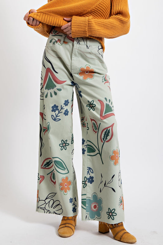 Easel Printed Washed Twill Wide Pants
