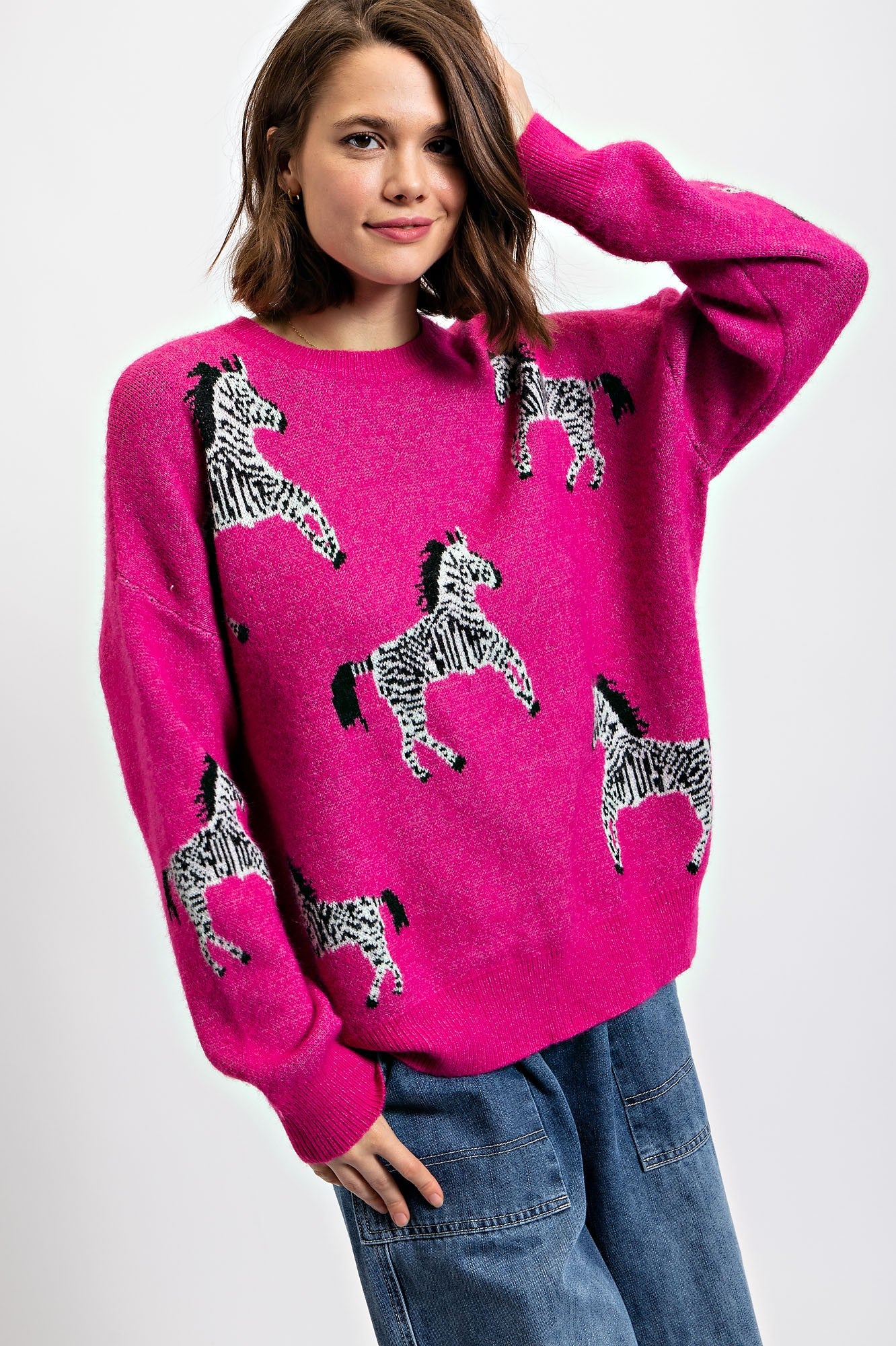 Easel Fuchsia Zebra Patterned Sweater