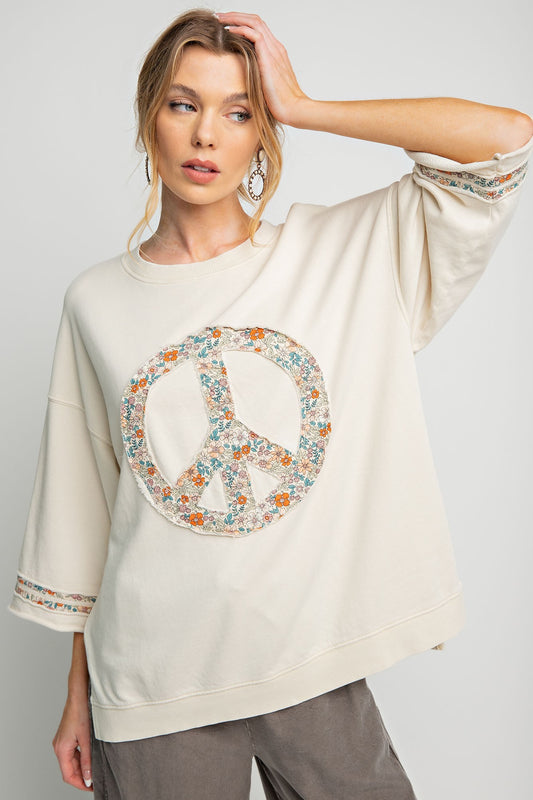Easel Mineral Washed Terry Floral Peace Top