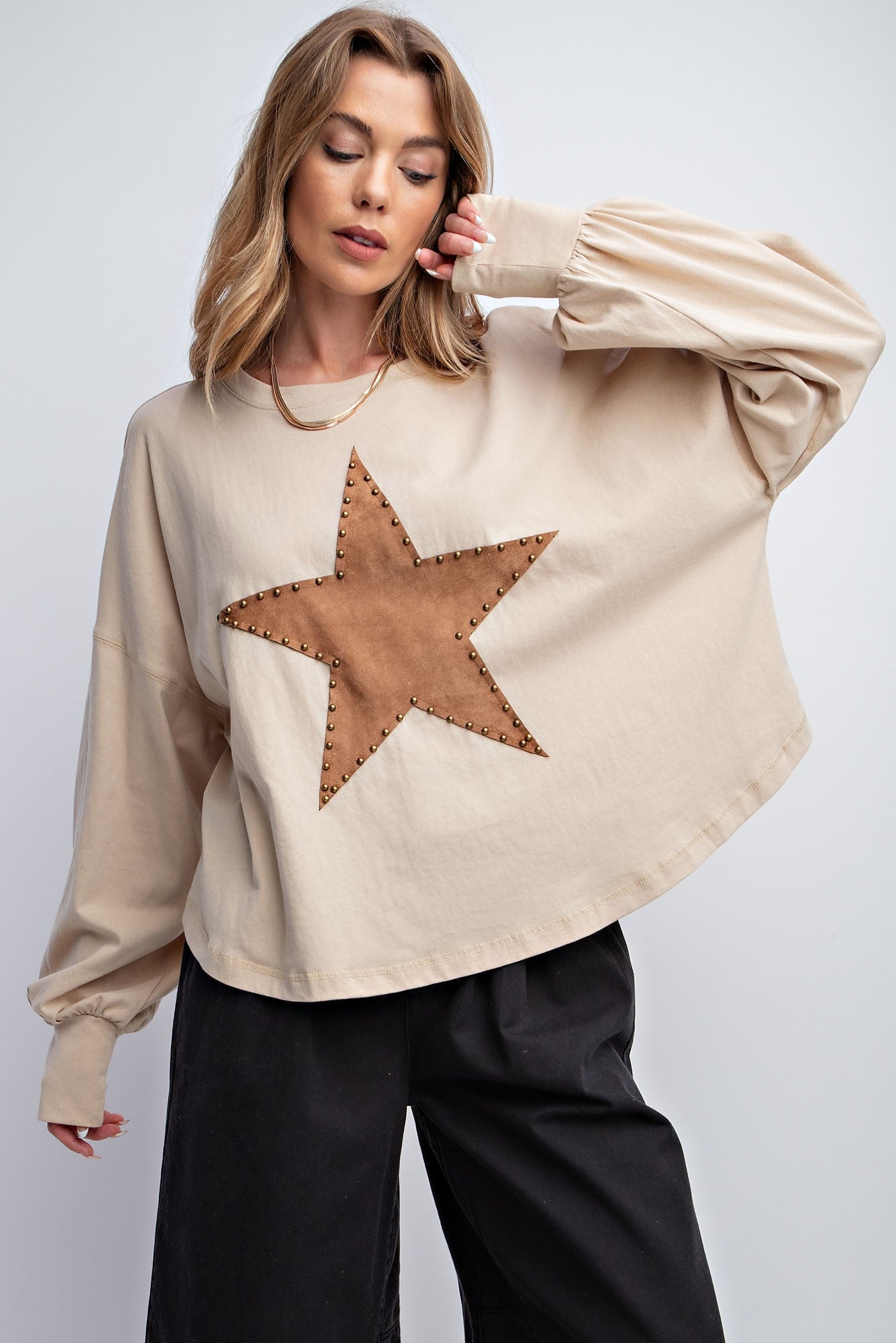 Easel Suede Star Patch Cotton Jersey Top