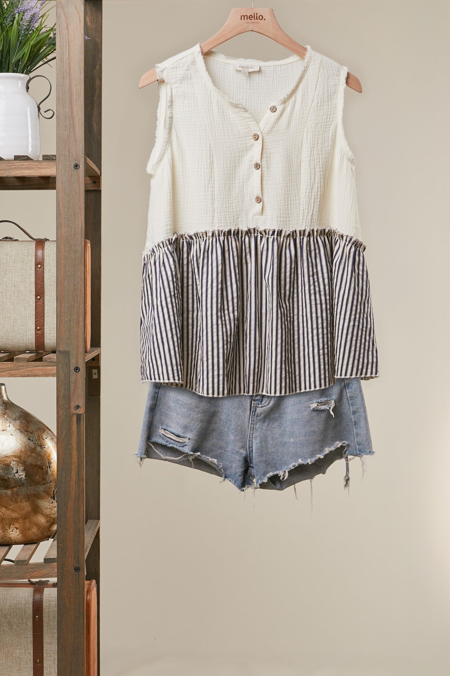 Mello Striped Tiered Button Sleeveless Top