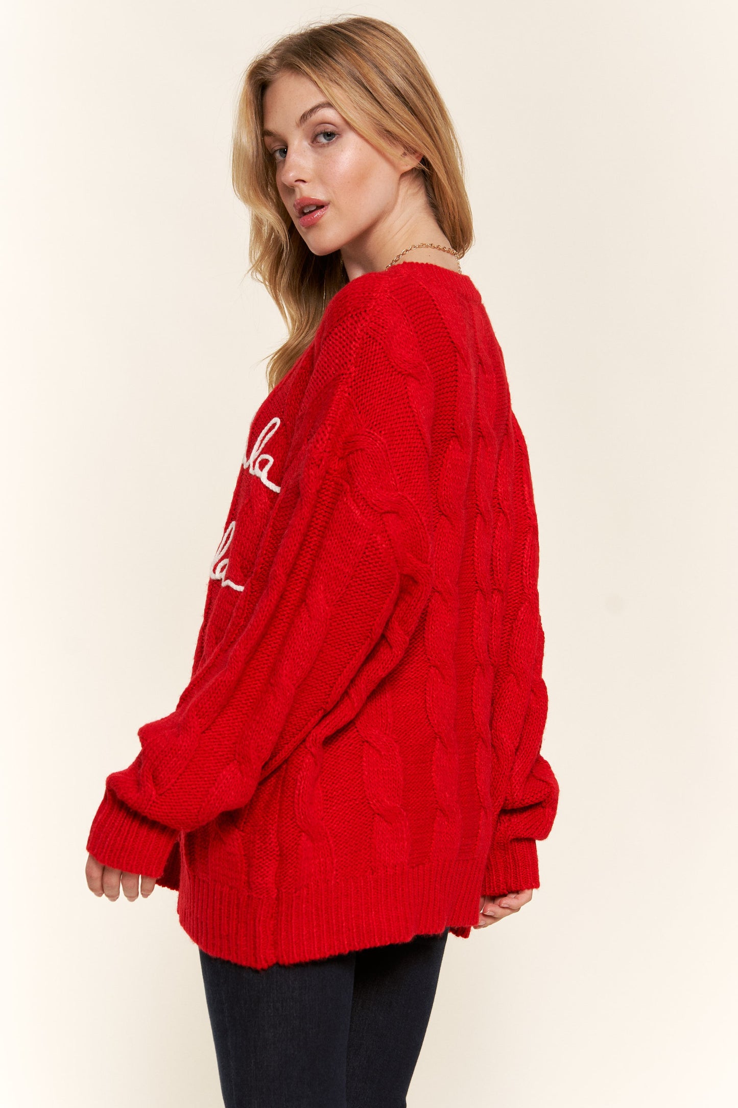 ATW Falalala Letter Embroidery Holiday Sweater