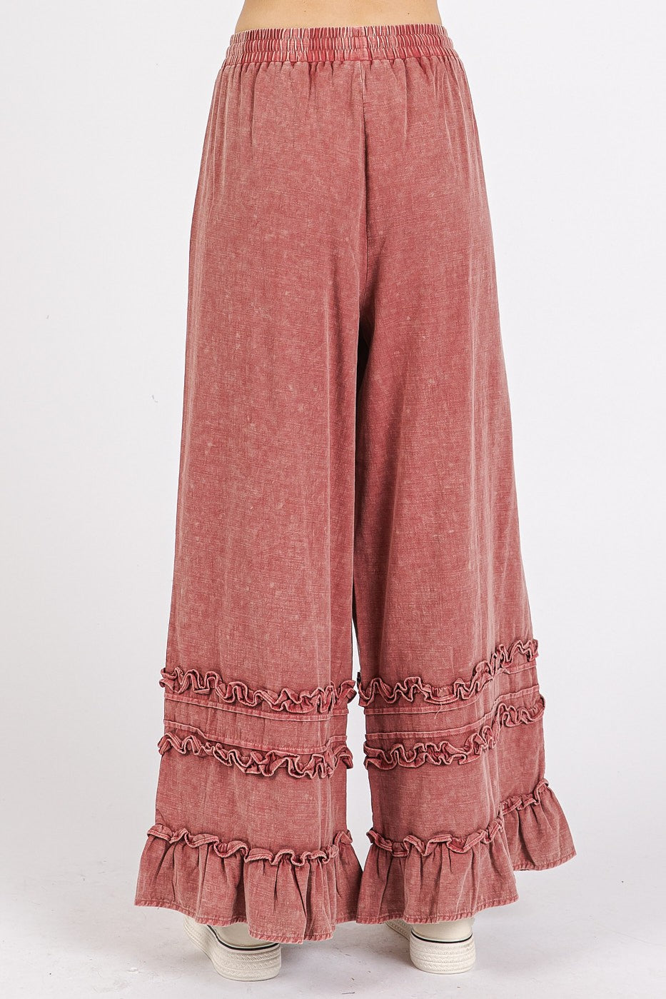 Mittoshop Ruffle Trim Mineral Wash Wide Leg Pants