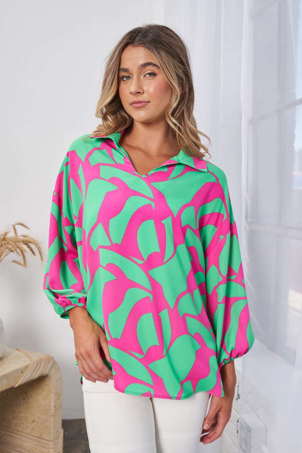 White Birch Geo Print Woven Top