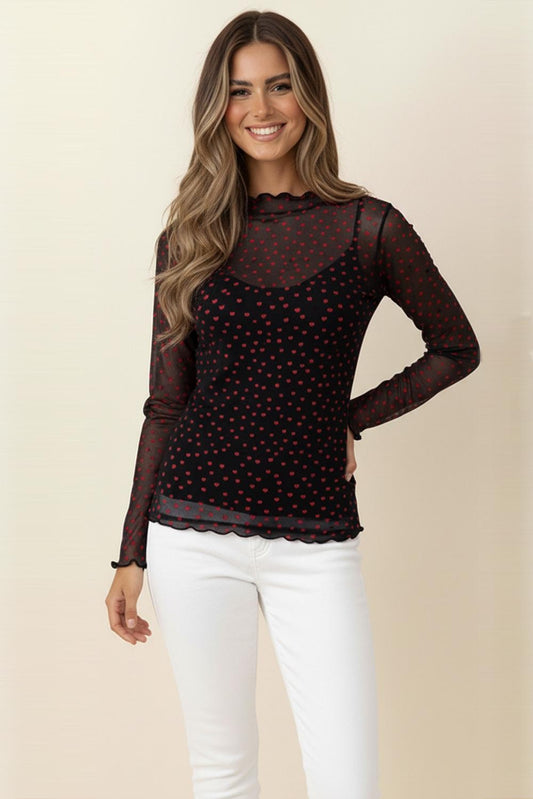 Haptics High Neck Long Sleeve Heart Print Mesh Semi Sheer Top