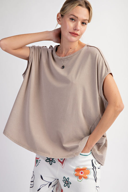 Easel Cap Sleeve Mineral Washed Knit Top
