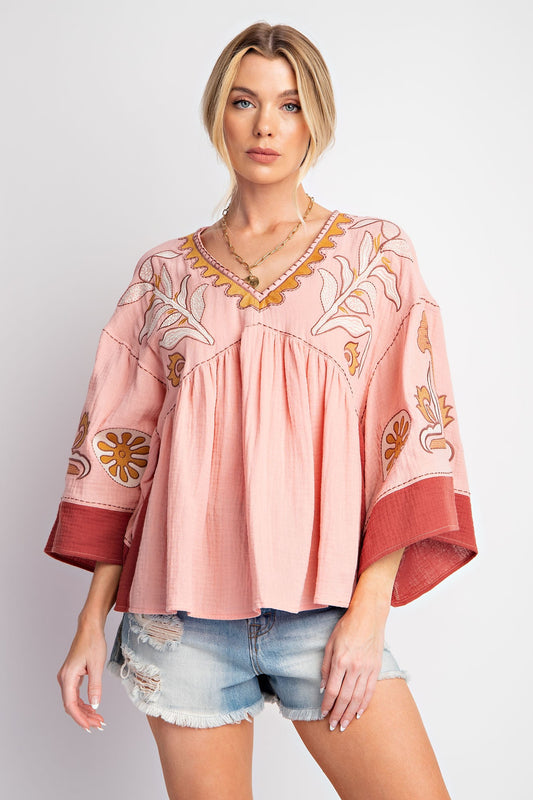 Easel Embroidery Detail Babydoll Top