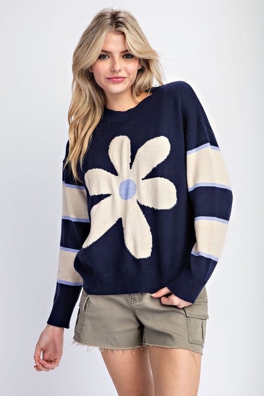 ee:some Flower Striped Long Sleeve Sweater