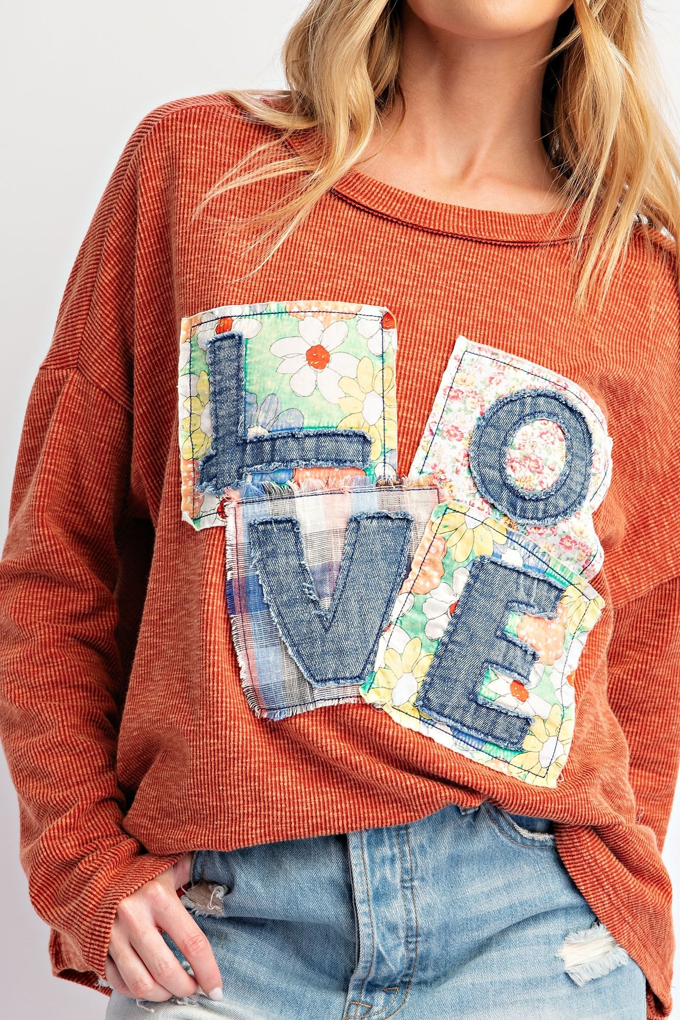 Easel LOVE Patchwork Ribbed Top