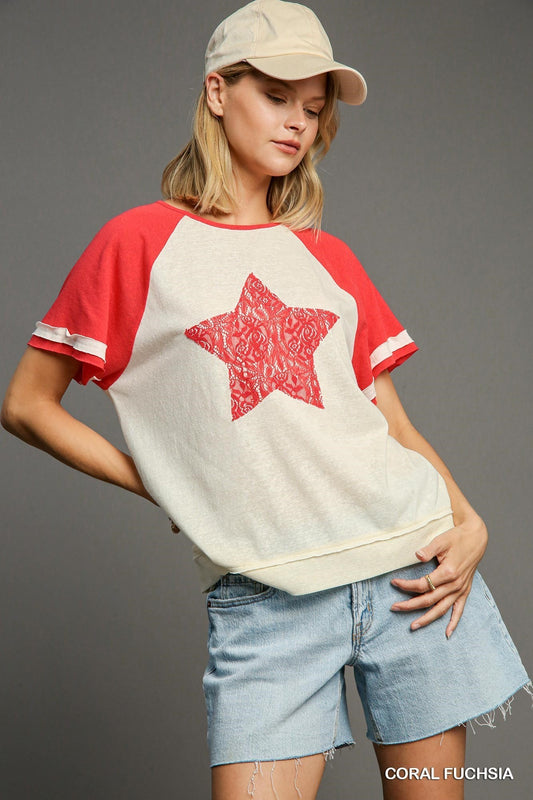 Umgee Color Block  Star Slub Knit Top