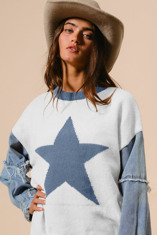 Bibi Star Printed Sweater Top With Denim Sleeves