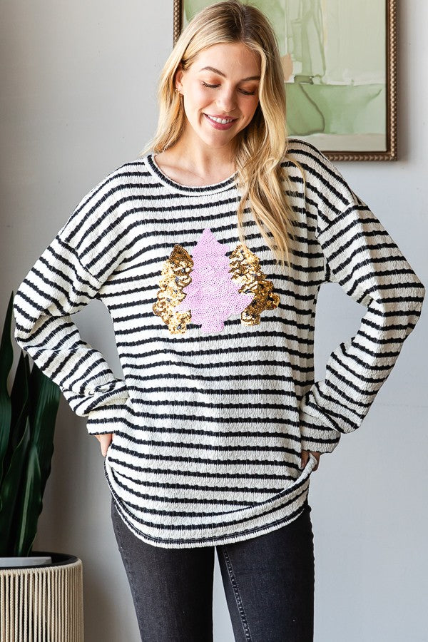 Heimish Puff Sleeve Stripe Print Sequins Christmas Top