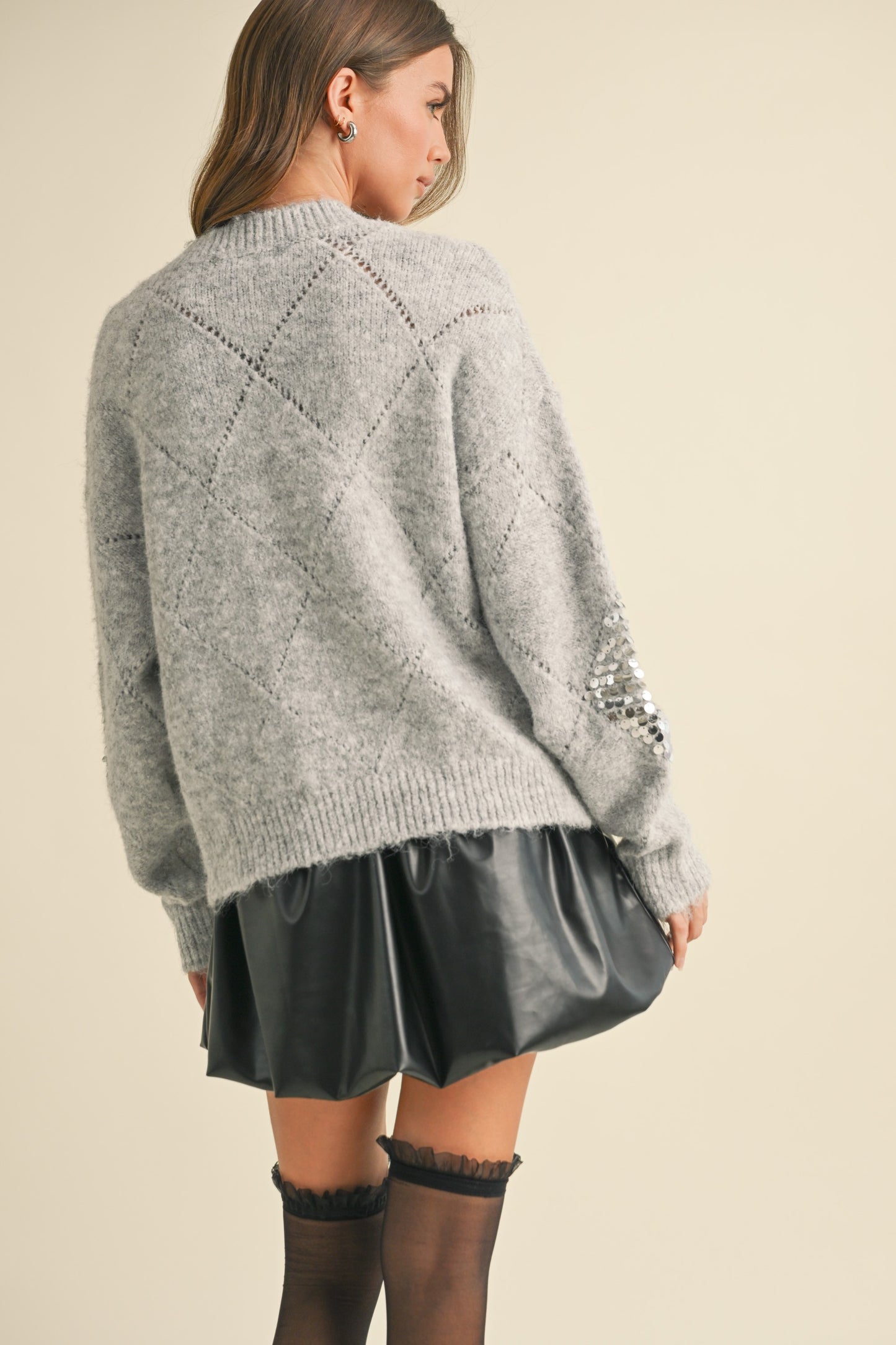 Klesis Diamond Pattern Sequins Fuzzy Knit Sweater Top