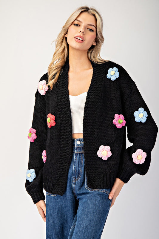 ee:some 3D Puff Flower Detailing Bubble Sleeve Cardigan
