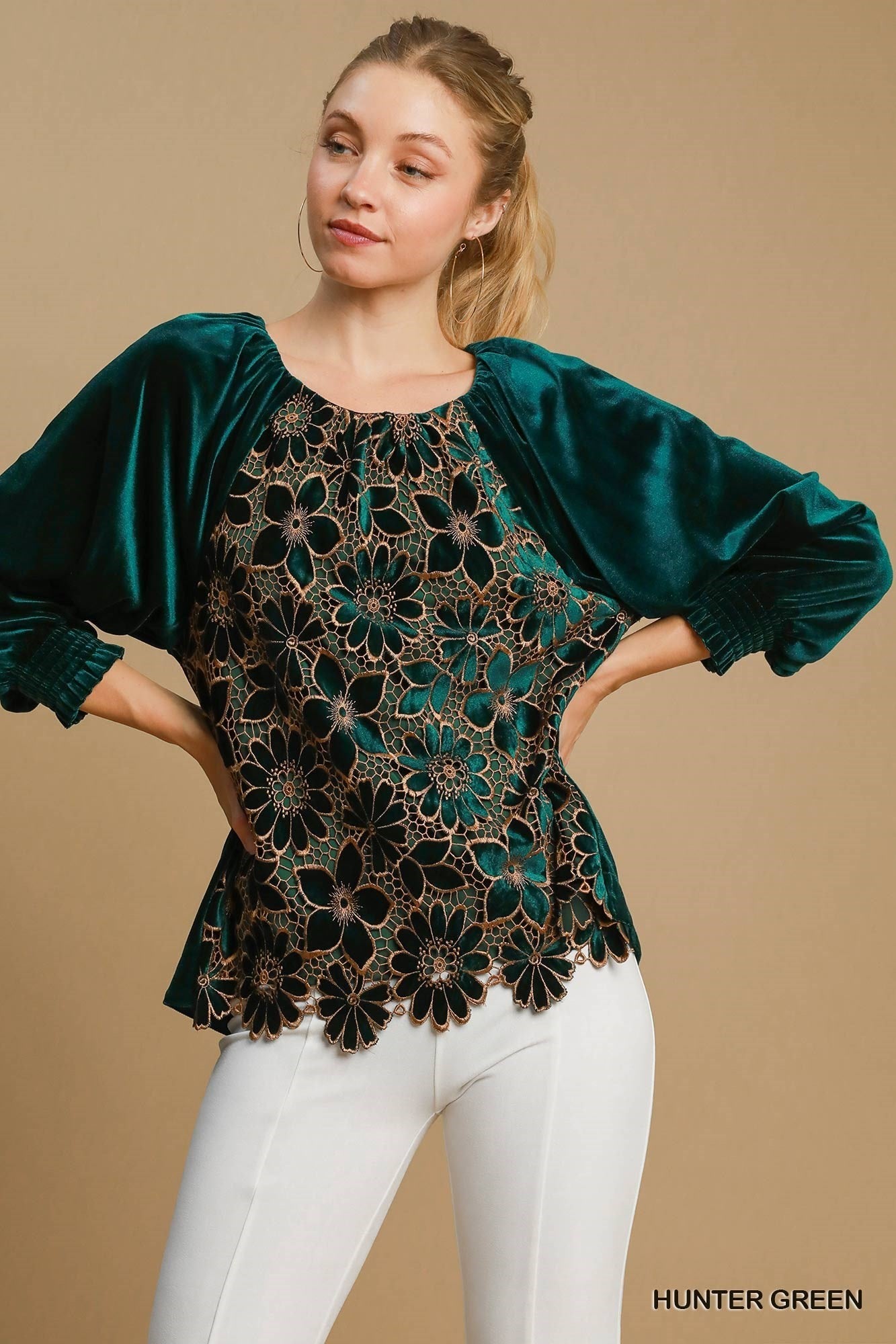 Umgee Contrast Floral Lace 3/4 Sleeve Velvet Top