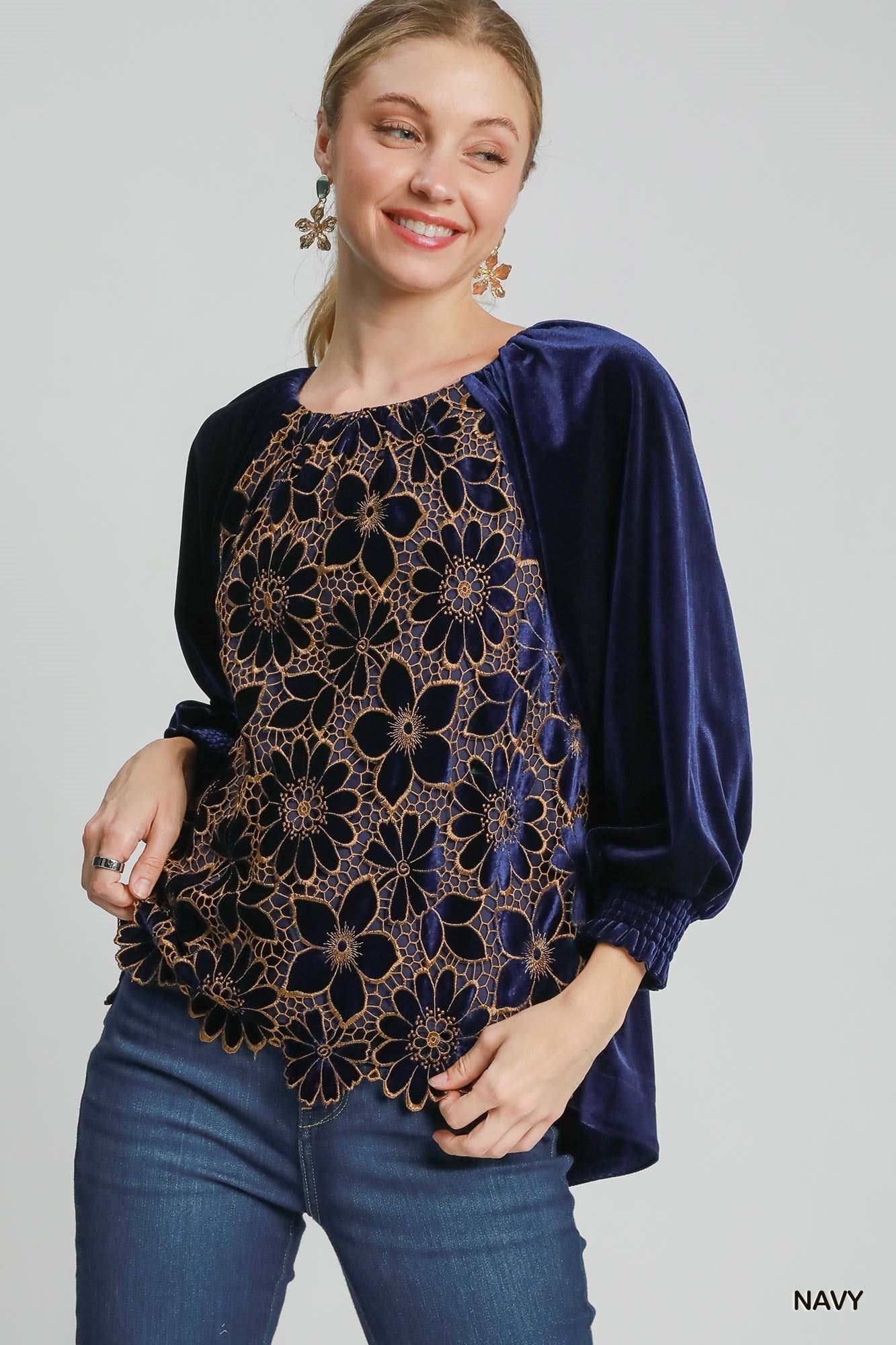 Umgee Contrast Floral Lace 3/4 Sleeve Velvet Top