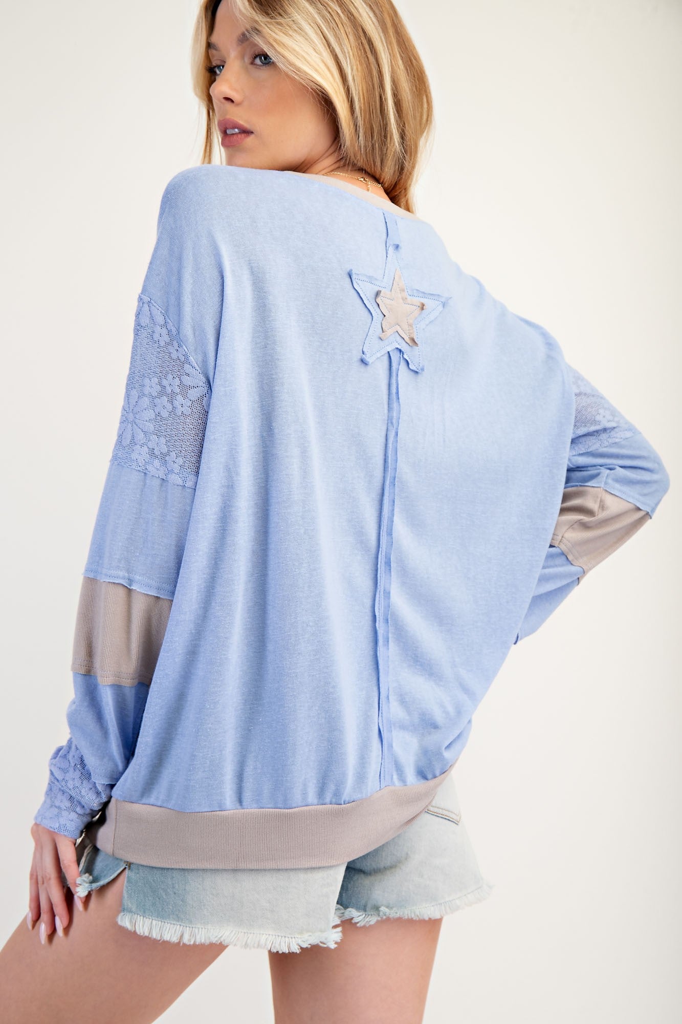 Easel Star Patch Mix Match Cotton Slub Knit Pullover