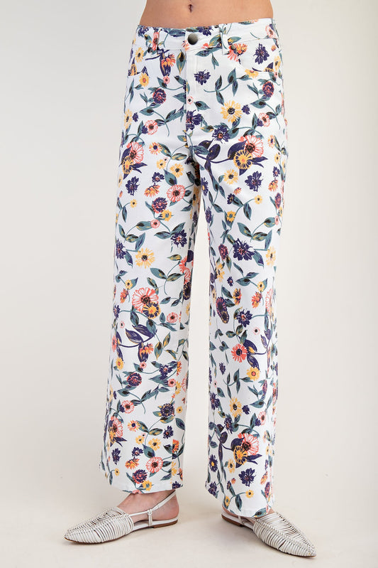 Easel  Floral Printed Washed Denim Twill Pants