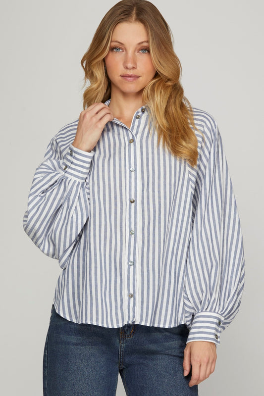 She + Sky Batwing Striped Button Down Shirt