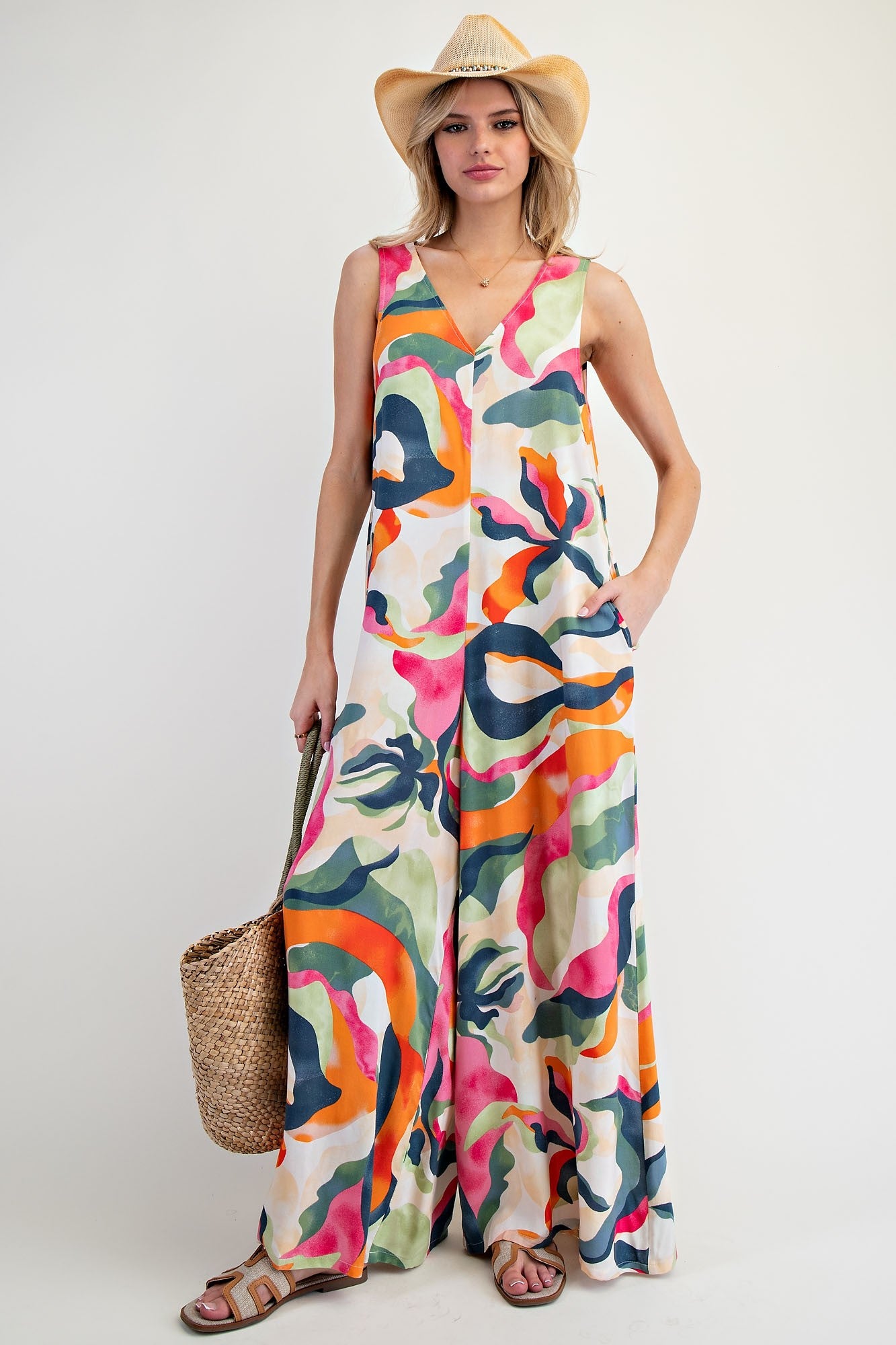 Easel V Neck Rayon Challis Jumpsuit