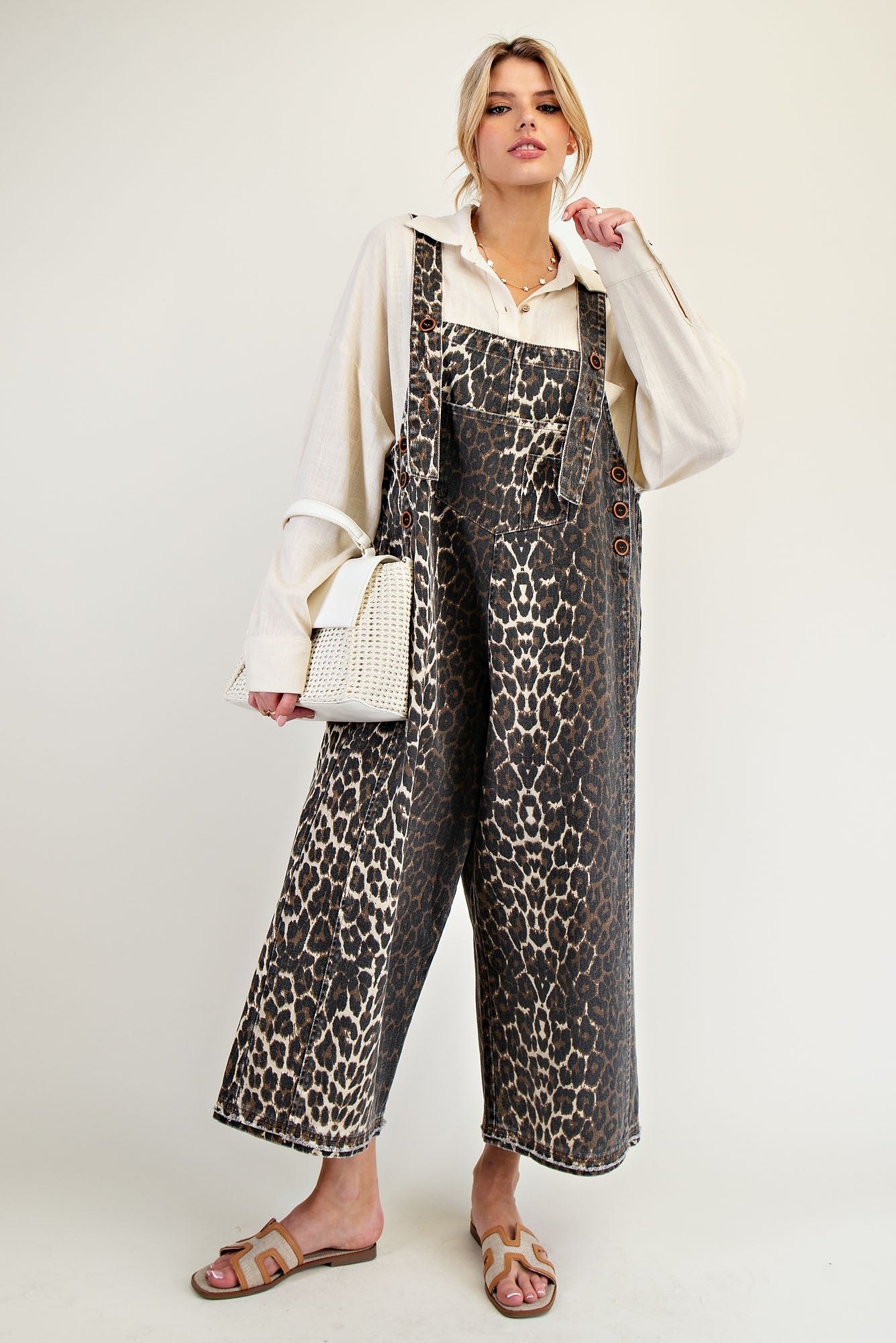Easel Animal Print Oversized Twill Overalls