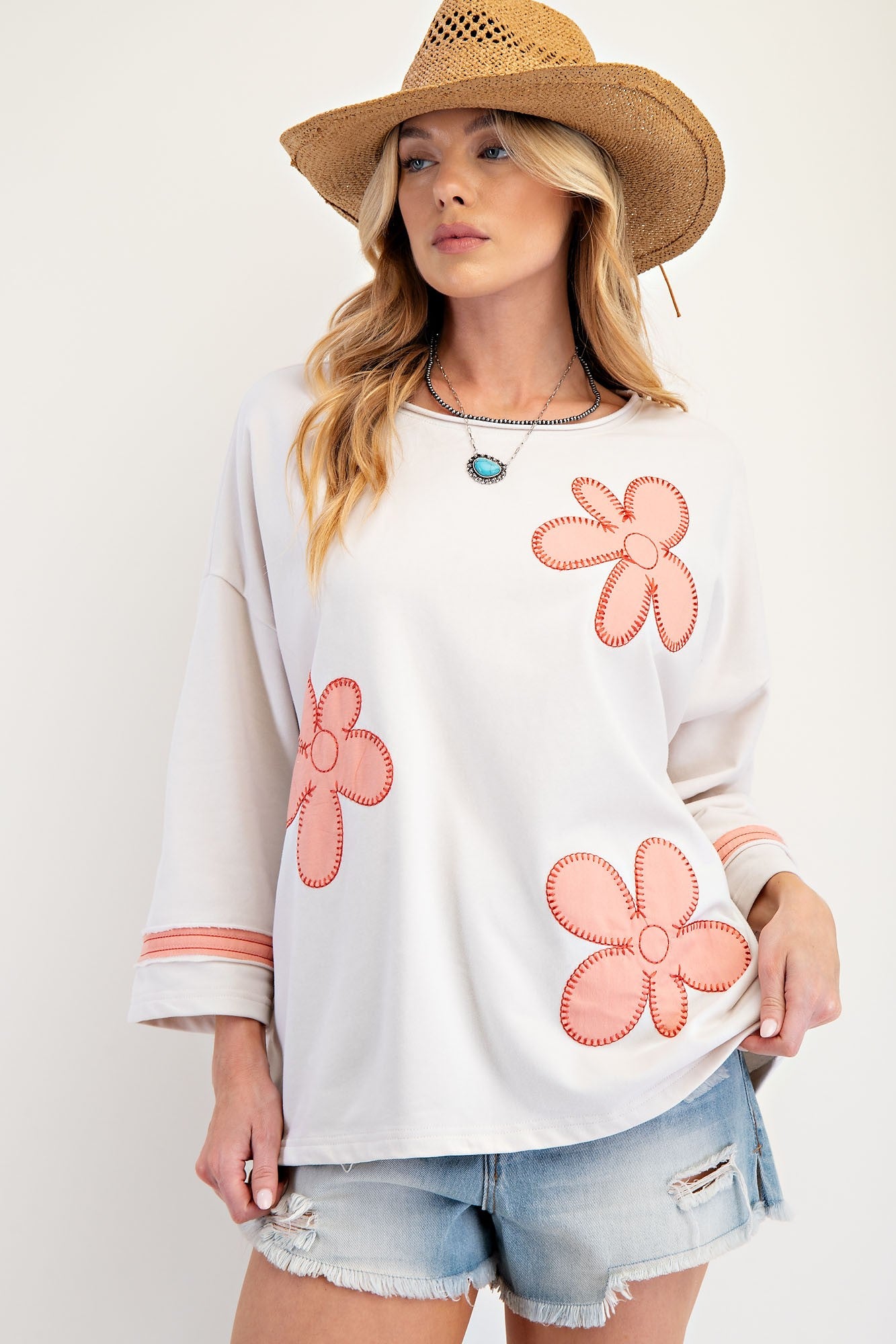 Easel 3/4 Sleeve Flower Patch Top