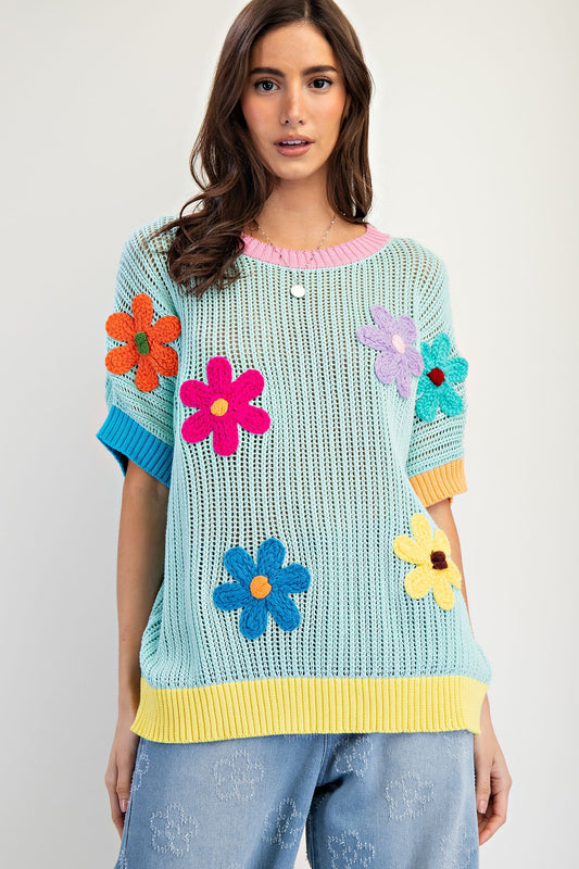 Easel Flower Patch Knit Sweater Pullover