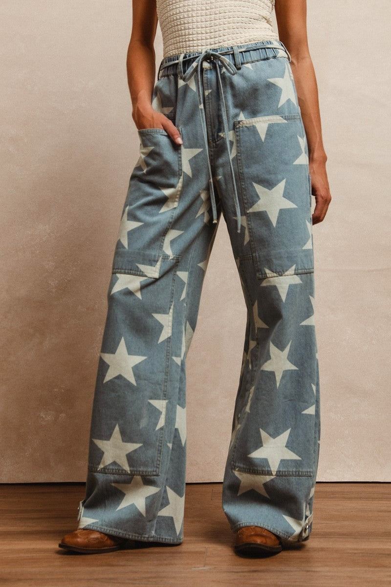 Bibi Washed Star Denim Waist Tie Pants