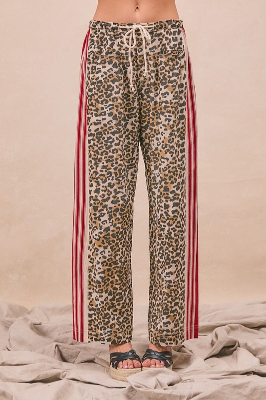 Bibi Leopard Print Side Contrast Drawstring Wide Pants