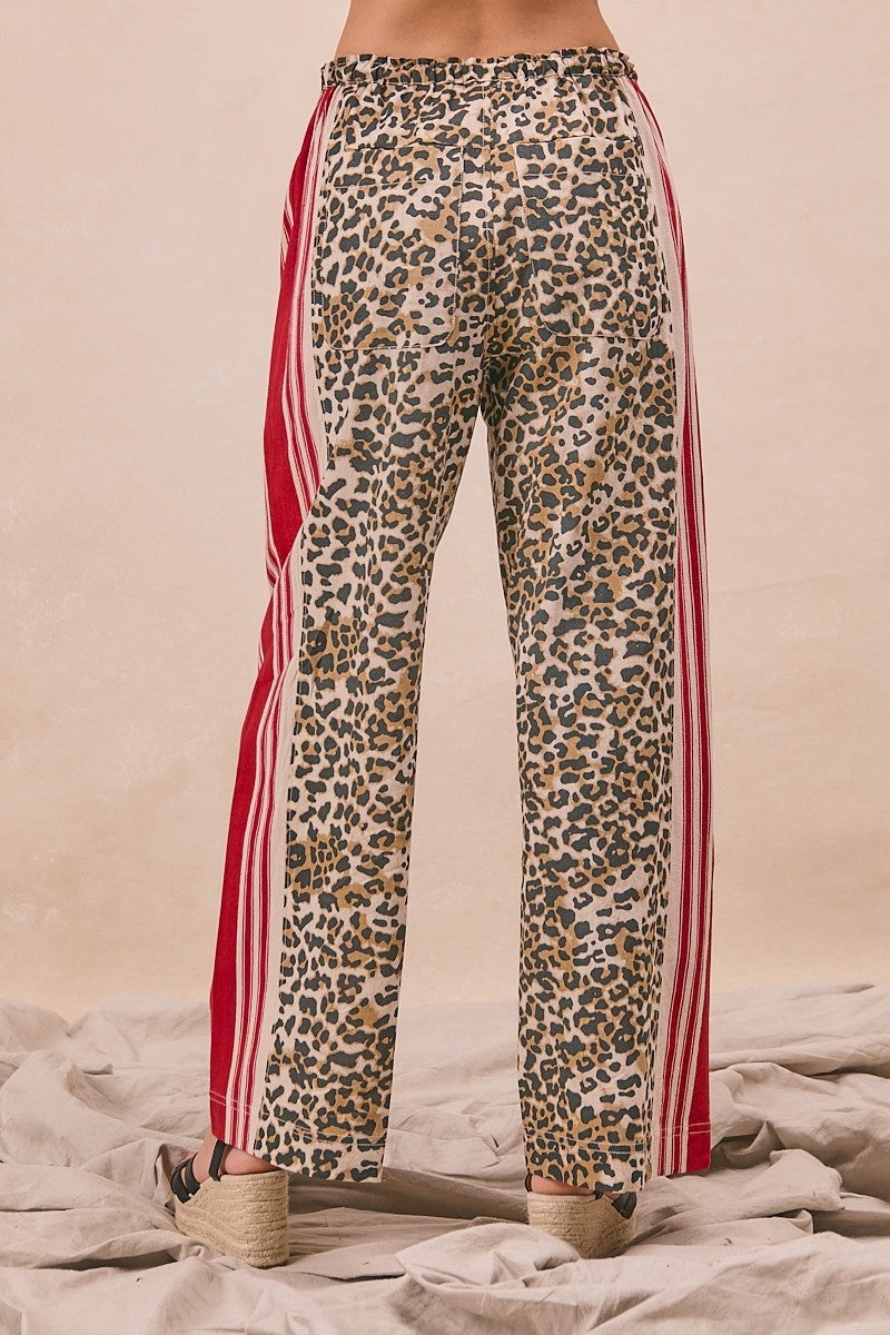 Bibi Leopard Print Side Contrast Drawstring Wide Pants