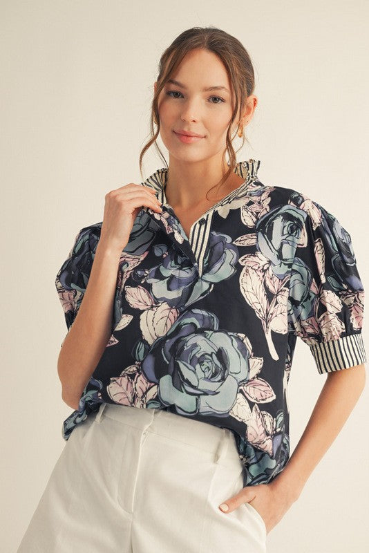 Jodifl Ruffled Mock Neck Floral Top