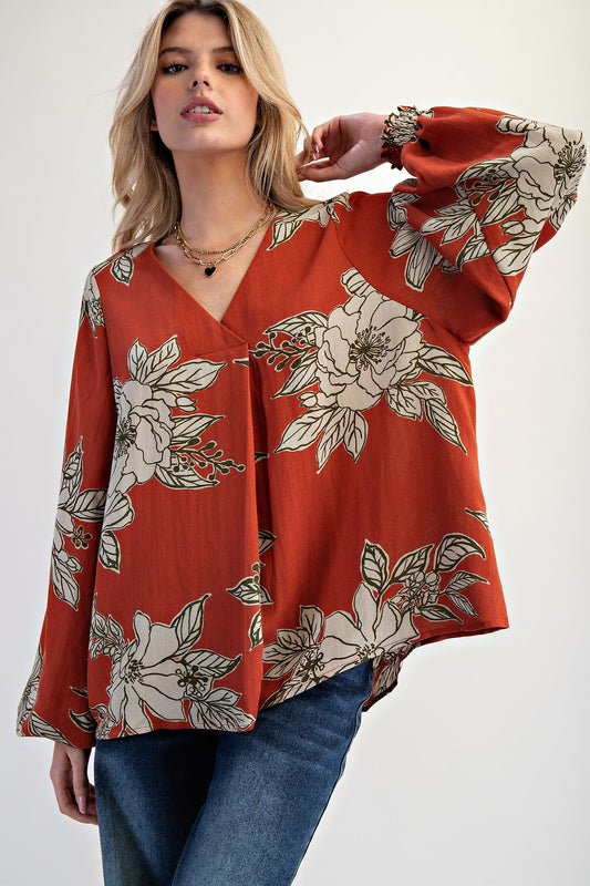 Easel Printed V Neck loose Fit Top