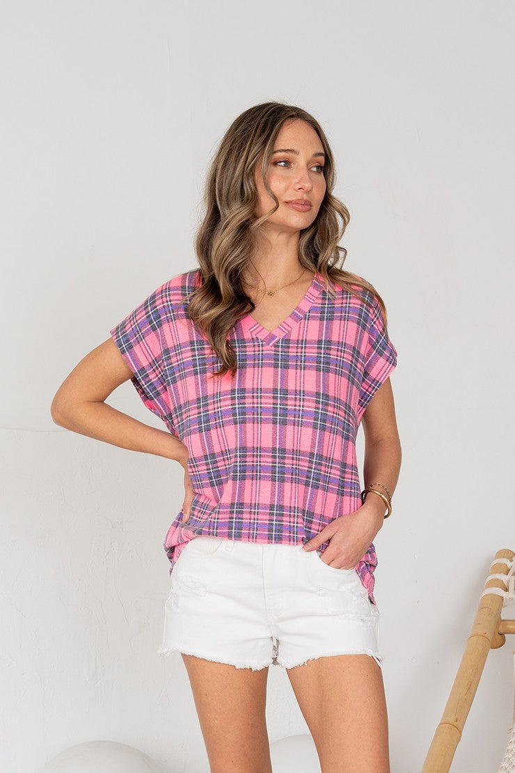 Sew In Love Pink/Charcoal Cap Sleeve Top