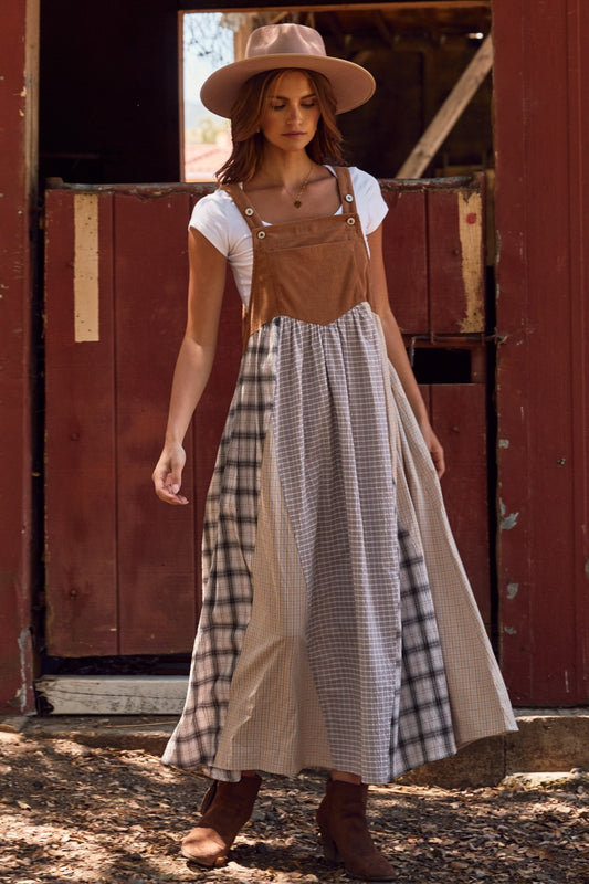 Oddi Plaid Patchwork Overall Dress With Corduroy Top