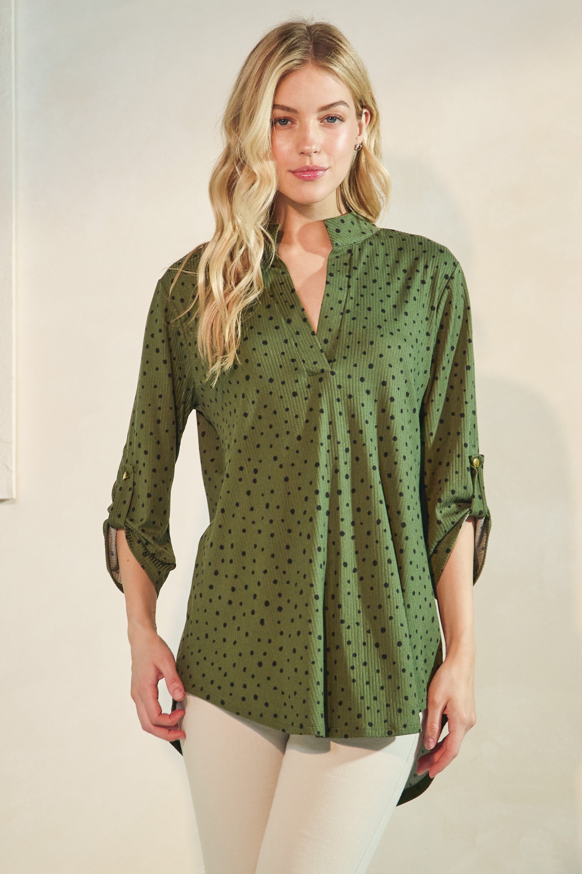 Heimish 3/4 Roll Up Sleeve Mandarin Collar Dot Top – The Clothing Loft ...