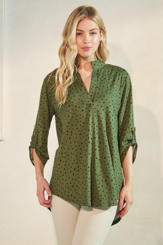 Heimish 3/4 Roll Up Sleeve Mandarin Collar Dot Top