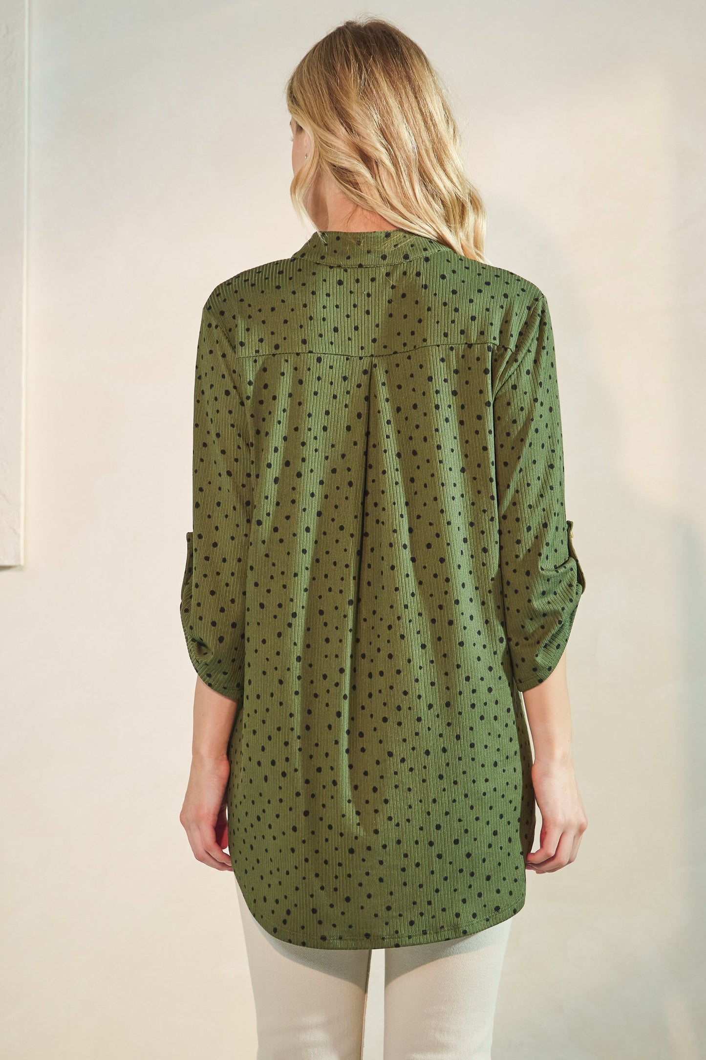 Heimish 3/4 Roll Up Sleeve Mandarin Collar Dot Top