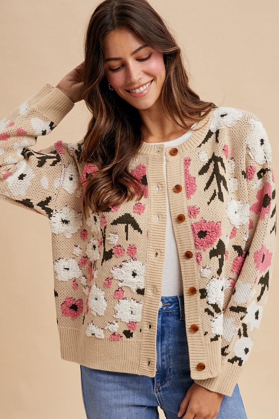 Vanilla Monkey Boucle Flower Pattern Cardigan