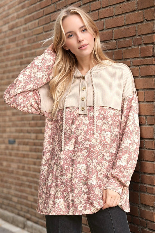 Heimish Floral Urban Rib Print Hooded With Button Detail