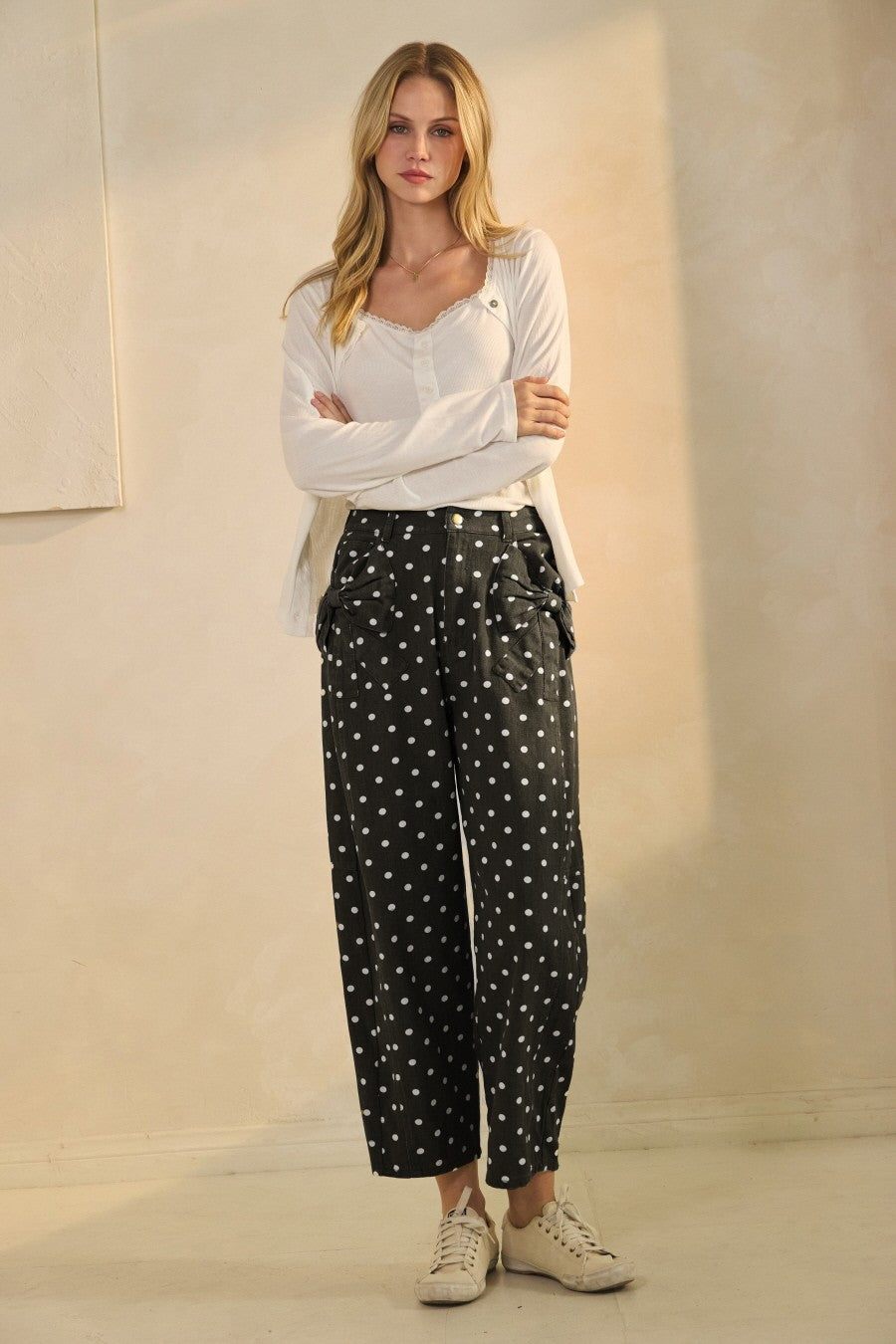 Oddi Highrise Polka Dot Denim Pants W/Bow Tie Detail Pockets