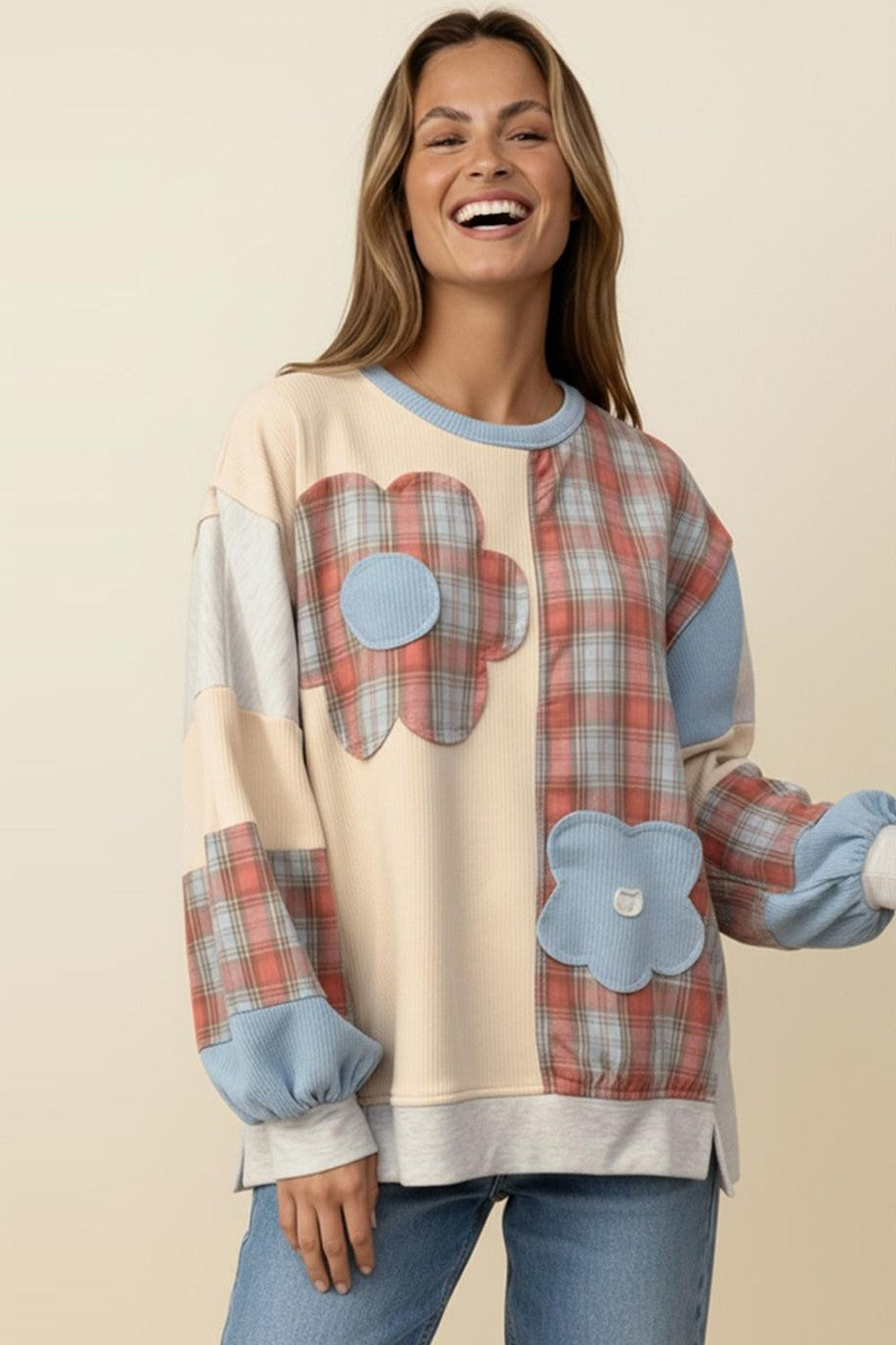 Haptics Bubble Sleeve Flower Patch Plaid Textured Top