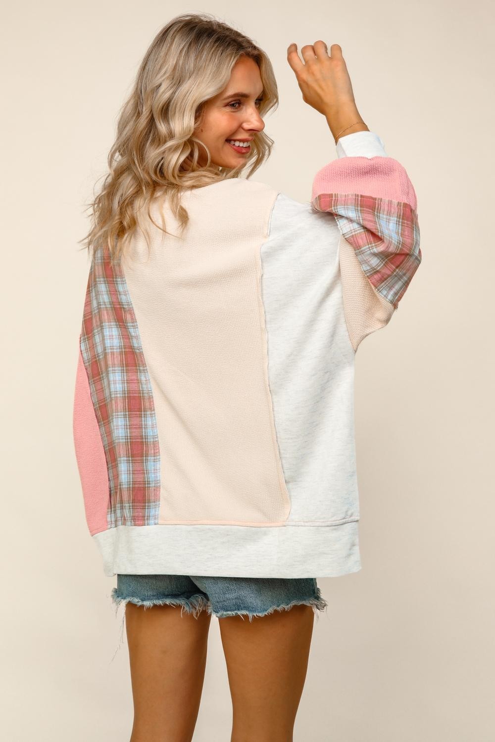 Haptics Bubble Sleeve Flower Patch Plaid Textured Top