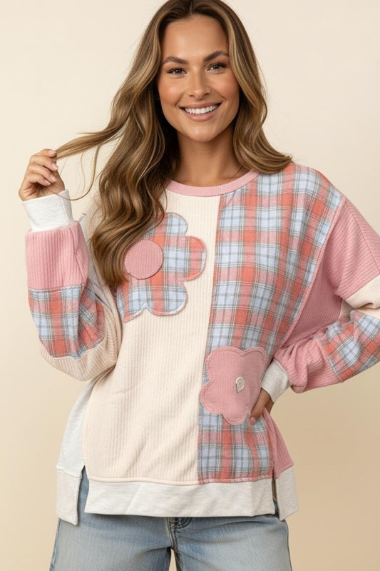 Haptics Bubble Sleeve Flower Patch Plaid Textured Top