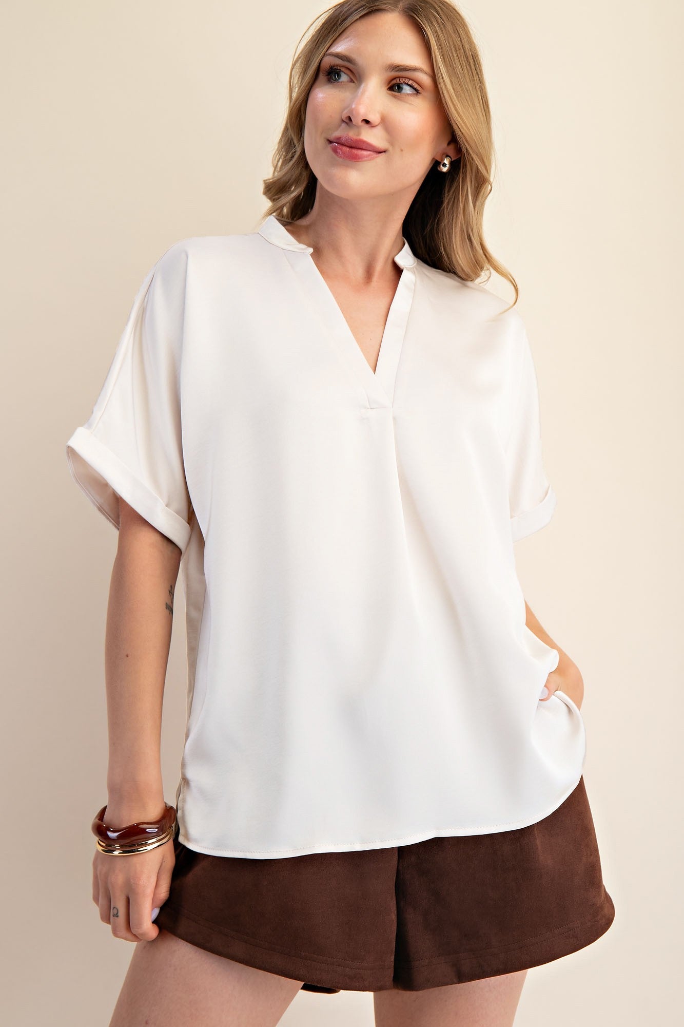 Glam V-Neck Placket Cuffs Sleeve Top