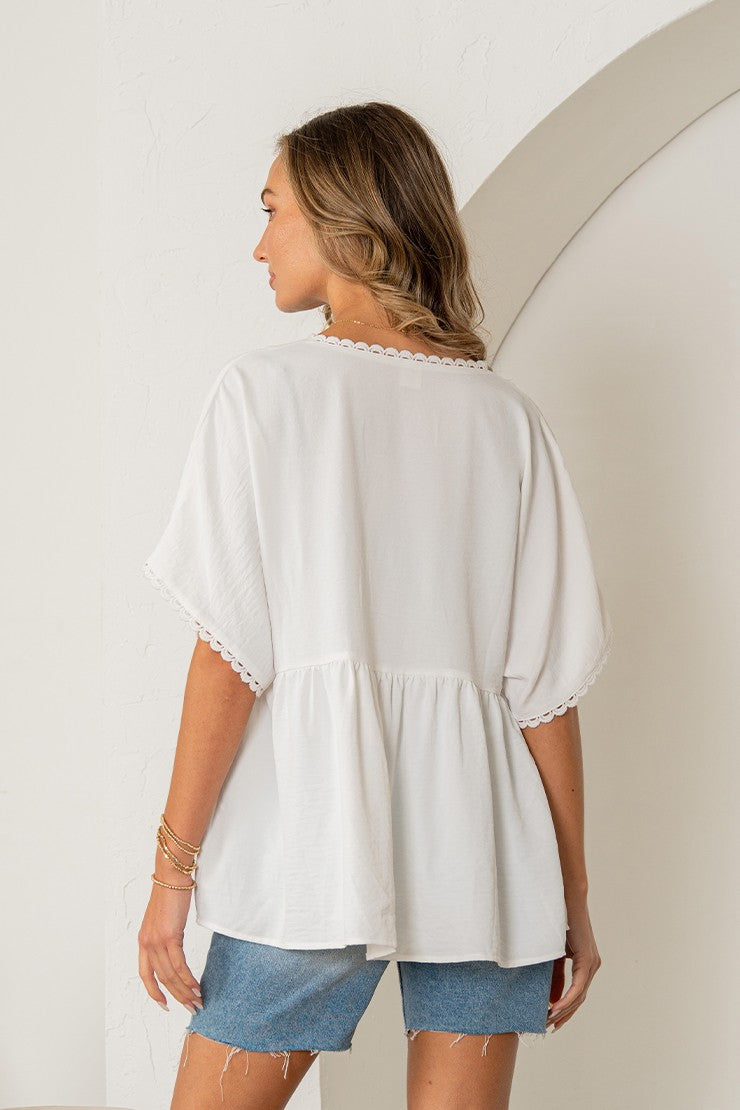 Sew In Love V-Neck  Lace Trim Babydoll Top