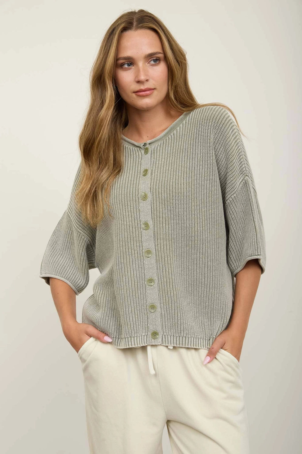 JOA Ribbed Short Sleeve Rolled Edge Cardigan