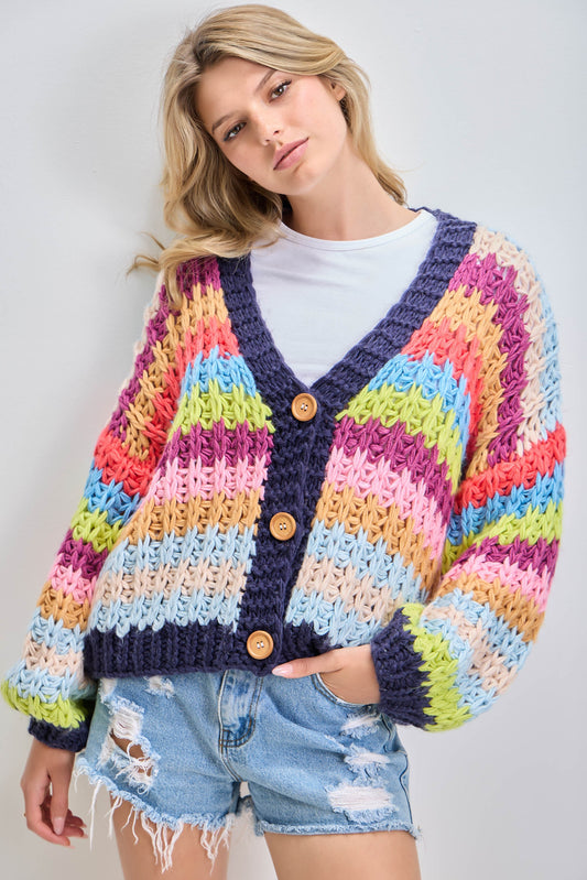 Baevely Balloon Sleeve Striped Cardigan