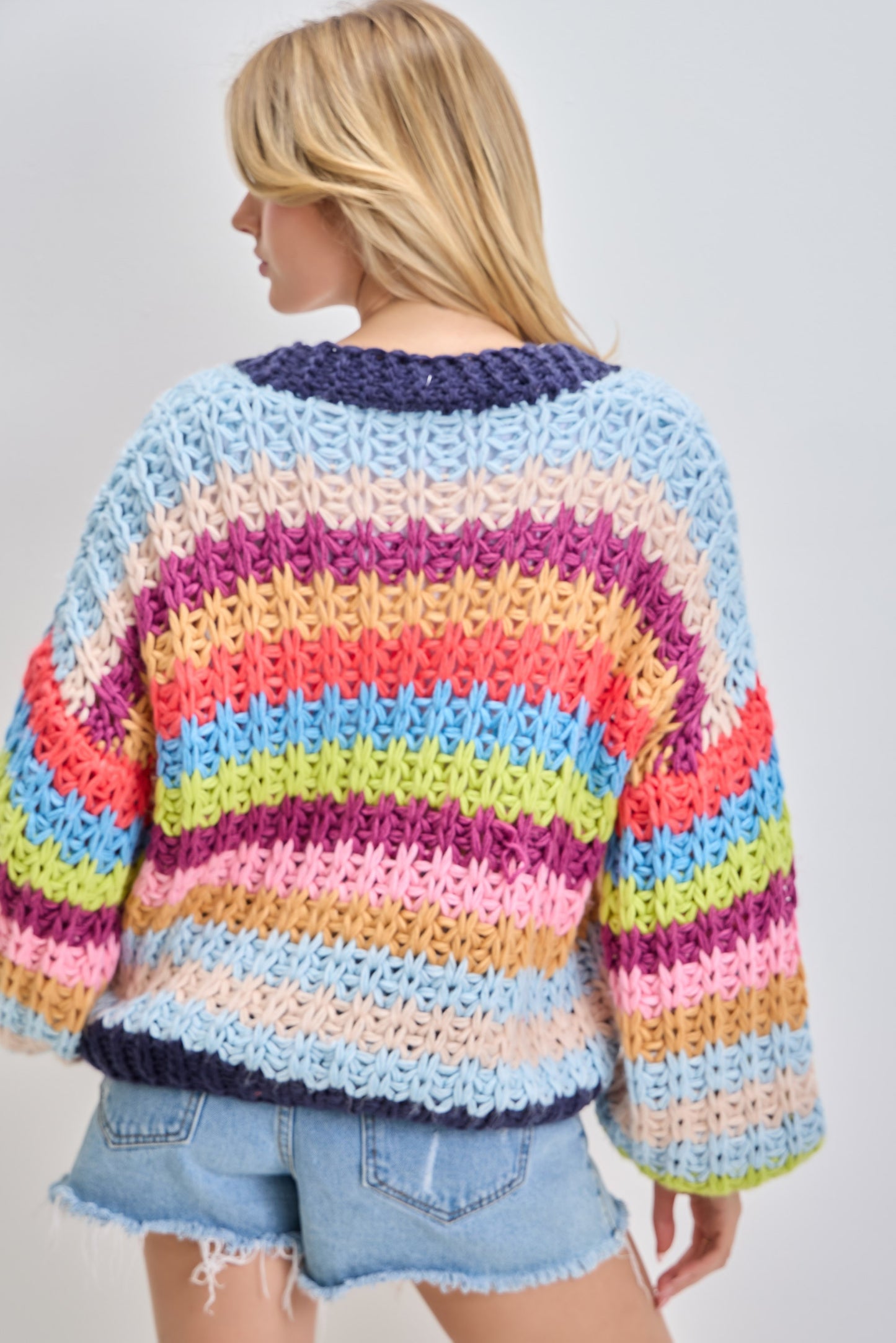 Baevely Balloon Sleeve Striped Cardigan