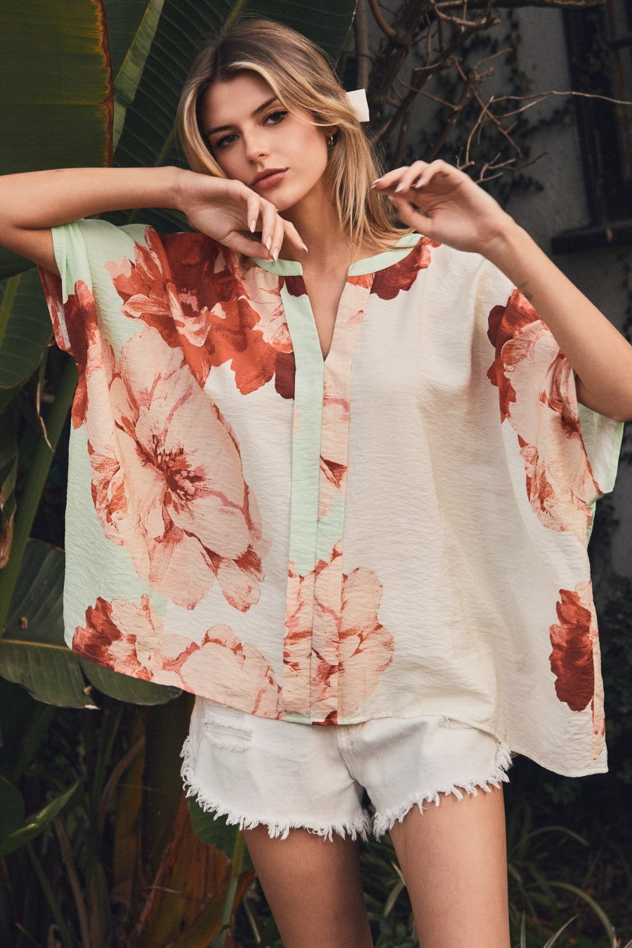 Oddi Floral Printed Wide Kimono Style Blouse