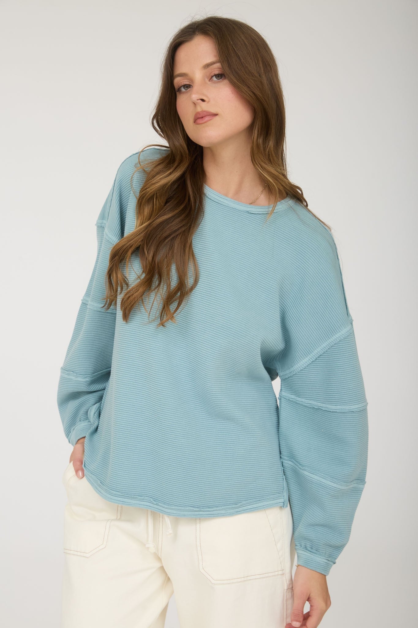 JOA Exposed Seam detail Long Sleeve Knit Top